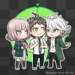  1girl 2boys ahoge animal_bag artist_name asaka_lucy black_pants blush breast_pocket breasts brown_hair cat_bag checkered_background collared_shirt commentary_request danganronpa_(series) danganronpa_2:_goodbye_despair flipped_hair green_jacket green_necktie grey_hair hair_between_eyes handheld_game_console highres hinata_hajime holding holding_handheld_game_console hood jacket komaeda_nagito long_sleeves male_focus medium_hair messy_hair multiple_boys nanami_chiaki neck_ribbon necktie no_hair_ornament open_clothes open_jacket open_mouth pants pink_bag pink_eyes pink_ribbon pleated_skirt pocket ribbon shirt short_hair short_sleeves skirt smile standing sweat thighhighs two-tone_shirt white_shirt 