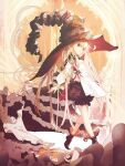  1girl black_bloomers blonde_hair bloomers blue_eyes boots cape fantasy frilled_cape full_body hat highres large_hat long_hair open_mouth original solo sumi_keiichi very_long_hair walking witch_hat 