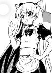  1girl alternate_costume amatsukaze_(kantai_collection) apron ataru_(ataru-littlebird) bow bowtie commentary_request cowboy_shot dress enmaided fang frilled_apron frills greyscale hair_tubes hand_on_hip highres jewelry kantai_collection long_hair maid monochrome open_mouth ring smile smokestack_hair_ornament solo two_side_up waving wedding_band windsock 