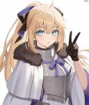 1girl absurdres aesc_(fate) aesc_(savior)_(fate) ahoge armor armored_dress black_gloves blonde_hair blue_eyes blue_hair blush bow breastplate breasts cloak dress fate/grand_order fate_(series) fur-trimmed_cloak fur_trim gloves hair_bow highres long_hair long_sleeves looking_at_viewer medium_breasts multicolored_hair nagine open_mouth ponytail revision solo two-tone_hair very_long_hair white_cloak white_dress wide_sleeves 