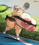  2025 anthro areola ball big_breasts biped bodily_fluids bottomwear breasts clothed clothed_anthro clothed_female clothing cricetid detailed_background eyelashes female female_anthro fur genital_fluids genitals hamster hi_res huge_breasts hyper hyper_breasts joaoppereiraus mammal mia_(joaoppereiraus) nipples no_underwear outside pupils rodent skirt solo tennis_ball tennis_racket text thick_thighs vaginal_fluids vulva 