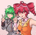  2girls breasts buttons commentary cosplay costume_switch detached_sleeves double-breasted drill_hair english_commentary goggles goggles_on_head green_eyes green_hair grey_jacket gumi gumi_(cosplay) gumitetoyuri headset highres jacket kasane_teto kasane_teto_(cosplay) kasane_teto_(sv) multiple_girls red_eyes red_hair smile synthesizer_v twin_drills vocaloid 