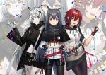  3girls :d animal_ear_fluff animal_ears antenna_hair arknights bangs belt black_belt black_capelet black_gloves black_hair black_jacket black_legwear black_shorts black_skirt brown_eyes cake capelet commentary_request confetti cowboy_shot exusiai_(arknights) fingerless_gloves food fruit gloves grey_eyes grey_gloves hair_between_eyes hair_ornament hairclip hand_up high_collar highres holding holding_plate id_card jacket lappland_(arknights) long_hair long_sleeves looking_at_viewer miniskirt multiple_girls navel open_mouth ore_lesion_(arknights) pantyhose plate raglan_sleeves red_belt red_hair short_hair short_shorts shorts silver_hair skirt smile standing stomach strawberry texas_(arknights) thigh_strap thighs v very_long_hair white_jacket wide_sleeves wolf_ears yuuki_mix zoom_layer 