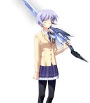  1girl black_pantyhose blazer blue_hair bow bowtie brown_jacket chaos;head closed_eyes collared_shirt d-sword dress_shirt facing_viewer game_cg holding holding_sword holding_weapon jacket kishimoto_ayase lapels matsuo_yukihiro miniskirt necktie notched_lapels official_art over_shoulder pantyhose petticoat plaid_clothes plaid_necktie plaid_skirt pleated_skirt purple_bow purple_bowtie purple_skirt school_emblem school_uniform science_adventure shirt skirt smile solo sprite suimei_academy_school_uniform sword sword_over_shoulder transparent_background weapon weapon_over_shoulder white_shirt 