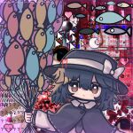  !? 1girl ? abstract_background arabic_text balloon bandaid black_capelet black_hair black_hat black_necktie bow brown_eyes capelet censored collared_shirt commentary_request cursor disembodied_eye english_text error_message expressionless fish glitch hat hat_bow head_tilt heart highres holding holding_balloon long_sleeves looking_at_viewer moon mosaic_censoring necktie pill ribbon-trimmed_capelet ribbon_trim shirt sleepwalk_zzz solo touhou translation_request upper_body usami_renko weirdcore 