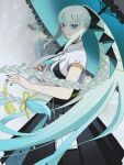  1girl absurdres black_ribbon black_skirt blue_eyes blue_hair braid breasts commentary_request fate/grand_order fate_(series) gradient_hair grey_hair hair_ribbon highres koma315ht large_breasts long_hair looking_at_viewer morgan_le_fay_(fate) morgan_le_fay_(matsuyuki_cocokara)_(fate) multicolored_hair official_alternate_costume ponytail revision ribbon shirt short_sleeves sidelocks skirt solo umbrella very_long_hair white_shirt 