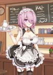  1girl alternate_costume apron bare_shoulders bell black_legwear blush breasts cleavage coffee_mug collarbone commentary_request cup enmaided eyebrows_visible_through_hair eyes_visible_through_hair fate/grand_order fate_(series) hair_over_one_eye holding holding_plate indoors kinyoubi_no_nangong_da large_breasts lavender_hair looking_at_viewer maid maid_apron maid_dress mash_kyrielight mug open_mouth plate purple_eyes revision short_hair solo teaspoon thighhighs 