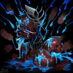  1girl absurdres after_anal after_fellatio after_sex blue_eyes blue_hair blue_tongue bracelet breasts bukkake circlet colored_cum colored_eyelashes colored_tongue cum cum_bubble cum_in_ass cum_in_eye cum_in_mouth cum_on_ass cum_on_body cum_on_tongue cum_pool cumdrip dark-skinned_female dark_skin ejaculation facepaint facial facial_mark fangs feet forehead from_behind frye_(splatoon) frye_(splatoween)_(splatoon) gaping glint hair_ornament highres inkling jewelry long_eyelashes looking_at_viewer looking_back mouth_bubble multicolored_tongue namnums necklace nipples nude official_alternate_costume on_floor one_eye_closed open_mouth penis seashell shell shell_hair_ornament solo_focus sparkle splatoon_(series) splatoon_3 surrounded_by_penises tentacle_hair 