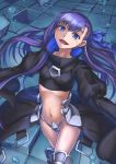  1girl :d bangs blue_eyes blue_ribbon breasts crop_top crotch_plate eyebrows_visible_through_hair fate/extra fate/extra_ccc fate_(series) faulds floating_hair hair_between_eyes hair_ribbon long_hair looking_at_viewer meltryllis midriff navel open_mouth purple_hair purutoppu_(toranohige) ribbon shiny shiny_hair small_breasts smile solo standing stomach very_long_hair waist_cape 