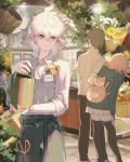  1girl 2boys ahoge antenna_hair apron beige_skirt black_apron black_jacket black_legwear brown_pants cat_bag commentary danganronpa eyebrows_visible_through_hair flower from_behind grey_eyes hair_between_eyes highres hinata_hajime holding jacket komaeda_nagito lemontea medium_hair multiple_boys nanami_chiaki pants pink_backpack pleated_skirt scissors shirt short_hair skirt smile super_danganronpa_2 thighhighs white_flower white_shirt yellow_flower 