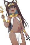  1girl :d ancient_egyptian ancient_egyptian_clothes animal_ear_fluff animal_ear_piercing animal_ears ankh armlet bangle bare_shoulders black_hair blue_eyes blush bracelet brown_egyptian_cat-eared_loli_(trend) cat_ears cat_girl commentary_request cowboy_shot dark-skinned_female dark_skin extra_ears fang flat_chest gem groin highres holding jewelry long_hair looking_at_viewer navel necklace open_mouth original pelvic_curtain revealing_clothes simple_background smile solo sparkle tonari_(ichinichime_azuma) usekh_collar white_background 