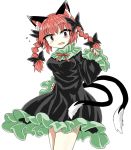 1girl animal_ears bare_legs black_bow black_dress bow braid cat_ears cat_tail chups cowboy_shot dress eyebrows_visible_through_hair fang frilled_dress frilled_sleeves frills green_frills kaenbyou_rin long_sleeves looking_at_viewer multiple_tails red_eyes red_hair red_nails red_neckwear ribbon solo sweat tail touhou twin_braids two_tails white_background 