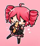  1girl baguette black_thighhighs blush_stickers bread chibi commentary detached_sleeves drill_hair eating english_commentary food heart highres kasane_teto kasane_teto_(utau) miniskirt red_hair skirt sloppyriice thighhighs twin_drills utau 