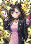  1girl asymmetrical_hair bangs black_choker black_hair black_jacket black_nails blue_eyes blush breasts choker cleavage closed_mouth collarbone dress eyebrows_visible_through_hair gen_1_pokemon gen_8_pokemon hair_ribbon hair_twirling hand_in_hair highres jacket jewelry long_sleeves looking_at_viewer mary_(pokemon) morpeko nail_polish noeru pendant pikachu pink_dress poke_ball pokemon pokemon_(game) pokemon_swsh red_ribbon ribbon short_hair sleeveless sleeveless_dress small_breasts smile twintails 