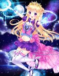  1girl blonde_hair breasts bubble flower full_moon gloves long_hair looking_at_viewer medium_breasts midriff milky_way moon natsumii_chan navel night night_sky original purple_eyes rose sky smile solo star_(sky) star_(symbol) thighhighs very_long_hair wand watermark web_address white_gloves white_legwear 