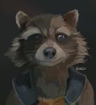  2020 anthro black_nose brown_background brown_body brown_eyes brown_fur bust_portrait clothed clothing digital_media_(artwork) digital_painting_(artwork) fur guardians_of_the_galaxy hi_res looking_at_viewer male mammal marvel portrait procyonid raccoon rocket_raccoon signature simple_background solo whiskers zipadeelady 