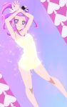  1girl absurdres armpits arms_up breasts closed_mouth collarbone contrapposto cure_sword dokidoki!_precure earrings highres holding jewelry long_hair looking_at_viewer pink_hair precure purple_background purple_eyes shiny shiny_hair shiny_skin small_breasts smile solo standing toni_(artist) 