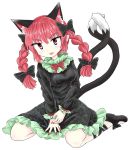  1girl animal_ears bare_legs black_bow black_dress black_footwear bow braid cat_ears cat_tail chups dress eyebrows_visible_through_hair frilled_dress frilled_sleeves frills green_frills highres kaenbyou_rin long_sleeves looking_at_viewer multiple_tails red_eyes red_hair red_nails red_neckwear ribbon solo tail tongue tongue_out touhou twin_braids two_tails white_background 