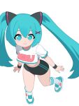  1girl black_buruma black_wrist_cuffs blue_eyes blue_hair blue_nails breasts buruma character_name commentary cropped_shirt hair_ornament hatsune_miku highres long_hair looking_at_viewer monster_l_(hochihochiha) nail_polish print_shirt shirt shoes simple_background sneakers socks solo symbol-only_commentary twintails underboob vocaloid white_background white_shirt white_socks wrist_cuffs x_hair_ornament 