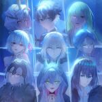  3boys 5girls absurdres aesc_(fate) aesc_(savior)_(fate) black_bow black_hair blonde_hair blue_eyes bow charlemagne_(fate) commentary_request earrings enkidu_(fate) fate/grand_order fate_(series) fur_trim green_eyes green_hair hair_between_eyes hair_bow highres jeanne_d'arc_alter_(fate) jewelry kama_(fate) lilith_(fate) long_hair looking_at_viewer multiple_boys multiple_girls nemo_(fate) oberon_(fate) oberon_(third_ascension)_(fate) ponytail red_eyes short_hair sitonomea smile white_hair yellow_eyes 