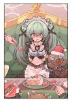  1boy 3girls apron bangboo_(zenless_zone_zero) belle_(zenless_zone_zero) cake cake_slice chain chicken_(food) commentary_request corin_wickes couch cuffs cup ellen_joe food fork fruit green_hair hair_between_eyes hat highres holding holding_fork long_hair long_sleeves maid maid_apron maid_headdress merry_christmas multiple_girls plate puffy_short_sleeves puffy_sleeves purple_eyes red_nails santa_hat screw_hair_ornament short_sleeves sitting strawberry stuffed_animal stuffed_toy sweat table teddy_bear twintails von_lycaon white_apron yumefukura zenless_zone_zero 