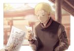  1boy ahiru_no_sora architecture blonde_hair blurry blurry_background dated east_asian_architecture frown hanazono_momoharu hand_in_pocket jacket long_sleeves male_focus messy_hair outdoors solo_focus twitter_username upper_body uwoyuz 