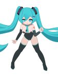  1girl adapted_costume black_boots black_leotard blue_eyes blue_hair blue_nails blue_necktie boots breasts commentary detached_sleeves hair_ornament hatsune_miku highres leaning_forward leotard looking_at_viewer monster_l_(hochihochiha) nail_polish necktie number_tattoo short_necktie shoulder_tattoo simple_background solo standing strapless strapless_leotard symbol-only_commentary tattoo thigh_boots vocaloid white_background x_hair_ornament 