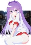  1girl between_legs blush buruma clannad clenched_hand commentary_request eyes_visible_through_hair feet_out_of_frame fujibayashi_kyou furrowed_brow gym_shirt gym_storeroom gym_uniform hair_between_eyes hair_intakes hair_ribbon hand_between_legs hand_up highres indoors letterboxed long_hair looking_at_viewer official_alternate_costume photo_background puffy_short_sleeves puffy_sleeves purple_eyes purple_hair red_buruma ribbon scene_reference shirt short_sleeves shy sitting solo straight_hair sweatdrop thighhighs thighs tress_ribbon tsurime twitter_username very_long_hair watermark white_ribbon white_shirt white_thighhighs xdjf63qbpt0iqmj 
