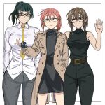  3girls absurdres belt_buckle breasts brown_hair buckle cigarette cosplay costume_switch glasses green_hair highres holding holding_cigarette jujutsu_kaisen kobayashi-san_chi_no_maidragon kobayashi_(maidragon) large_breasts long_coat medium_breasts multiple_girls necktie orange_hair reiquant shirt simple_background skirt sleeveless small_breasts uguisu_anko white_background white_shirt yofukashi_no_uta zen'in_maki 