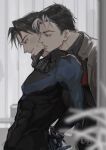  2boys arms_behind_back batman_(series) black_hair black_shirt blue_eyes bodysuit covered_abs cuffs curtains dc_comics dick_grayson from_side grey_jacket handcuffs hashtag-only_commentary highres jacket jason_todd looking_down male_focus multicolored_hair multiple_boys nightwing open_clothes open_jacket parted_hair parted_lips profile shirt short_sideburns sideburns skin_tight tokireii yaoi 
