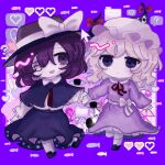  ! 2girls ? black_capelet black_hat black_skirt blonde_hair border bow capelet collared_dress commentary_request cursor disembodied_eye dress expressionless eyepatch fish folder foot_up_heel_up frilled_dress frilled_sleeves frills gap_(touhou) hat hat_bow head_tilt health_bar heart holding_hands long_sleeves maribel_hearn medium_hair multiple_girls neck_ribbon necktie open_mouth pill purple_border purple_dress purple_eyes purple_hair red_necktie red_ribbon ribbon ribbon-trimmed_capelet ribbon_trim shirt skirt sleepwalk_zzz spoken_question_mark standing standing_on_one_leg touhou untucked_shirt usami_renko weirdcore white_shirt 