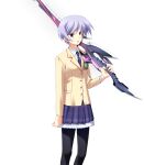 1girl black_pantyhose blazer blue_hair bow bowtie brown_jacket chaos;head collared_shirt d-sword dress_shirt game_cg holding holding_sword holding_weapon jacket kishimoto_ayase lapels looking_at_viewer matsuo_yukihiro miniskirt necktie notched_lapels official_art open_mouth over_shoulder pantyhose petticoat pink_eyes plaid_clothes plaid_necktie plaid_skirt pleated_skirt purple_bow purple_bowtie purple_skirt school_emblem school_uniform science_adventure serious shirt skirt solo sprite suimei_academy_school_uniform sword sword_over_shoulder transparent_background weapon weapon_over_shoulder white_shirt 
