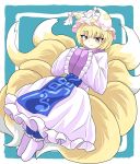  1girl :3 animal_ears blonde_hair blue_background blue_pants chups dress fox_ears fox_tail hat highres long_sleeves looking_at_viewer multiple_tails pants short_hair sleeves_past_wrists smile solo tabard tail touhou white_dress white_footwear white_headwear white_sleeves wide_sleeves yakumo_ran yellow_eyes 