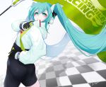  1girl absurdres aqua_eyes aqua_hair asymmetrical_clothes black_gloves blush commentary_request dated flag gloves goodsmile_company goodsmile_racing green_gloves hand_on_own_hip hatsune_miku highres jacket long_hair multicolored_gloves partial_commentary racing_miku racing_miku_(2022) rokugatsu_shigure signature single_pantsleg solo twintails two-tone_gloves very_long_hair vocaloid white_jacket 