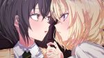  2girls bang_dream! bang_dream!_it's_mygo!!!!! blonde_hair brown_eyes commentary eye_contact grey_hair hair_between_eyes haneoka_school_uniform hashtag-only_commentary highres looking_at_another medium_hair misumi_uika multiple_girls open_mouth parted_lips peke_(pekeiscat) purple_eyes school_uniform shirt short_hair takamatsu_tomori white_shirt yuri 
