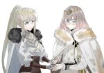  1boy 1girl absurdres aesc_(fate) aesc_(savior)_(fate) blue_eyes blush commission fate/grand_order fate_(series) fur_trim grey_hair hair_between_eyes highres long_hair morgan_le_fay_(fate) oberon_(fate) oberon_(second_ascension)_(fate) ponytail short_hair simple_background smile third-party_source very_long_hair white_background white_hair 