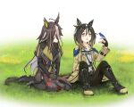  2girls ahoge animal_ears bird bird_on_hand black_boots black_coat black_gloves black_hair black_pants boots brown_eyes brown_hair closed_eyes closed_mouth coat commentary_request dream_journey_(reminder_of_dreamland)_(umamusume) dream_journey_(umamusume) ear_covers eyewear_strap glasses gloves goggles goggles_around_neck grass hair_between_eyes highres horse_ears horse_girl horse_tail knife_sheath kuroneko86 long_hair long_sleeves multicolored_hair multiple_girls open_mouth pants puffy_sleeves red_shirt sheath shirt smile stay_gold_(sunlit_outsider)_(umamusume) stay_gold_(umamusume) tail umamusume white_hair white_shirt wrist_belt yellow_coat 