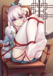  1girl arms_behind_back artist_name bangs bdsm blue_eyes blush bondage bound chair chinese_clothes chinese_commentary chinese_text commentary_request crotch_rope eyebrows_visible_through_hair feet hair_between_eyes hair_ornament heart heart-shaped_pupils highres honkai_(series) honkai_impact_3rd indoors legs_up light_beam looking_at_viewer no_shoes open_mouth panties pixiv_id red_rope restrained revision rope sidelocks sitting soles solo symbol-shaped_pupils theresa_apocalypse thighhighs tied_up toes underwear wedgie white_hair white_legwear white_panties yiduan_zhu 