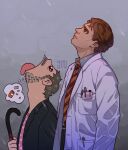  2boys artist_name belt black_belt black_jacket black_pants brown_eyes brown_hair candy candy_cane closed_mouth coat collared_shirt commentary english_commentary facial_hair food goku_and_vegeta_in_the_rain_(meme) gregory_house grey_hair grey_shirt grey_sky hand_up heart heart_print house_m.d. jacket james_wilson jin_hattori lab_coat lapels lips long_sleeves looking_up male_focus meme multiple_boys necktie open_clothes open_coat open_jacket open_mouth outdoors pants pen pill pill_bottle pink_shirt pocket rain red_necktie shirt short_hair sky speech_bubble standing striped_clothes striped_necktie t-shirt thought_bubble tongue tongue_out upper_body white_coat 