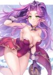  1girl angela_(seiken_densetsu_3) bare_shoulders breasts choker cleavage closed_mouth collarbone commentary_request earrings gloves green_eyes hand_up hat jewelry large_breasts long_hair purple_choker purple_gloves purple_hair purple_headwear sanom seiken_densetsu seiken_densetsu_3 smile snow solo thighs 