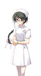 1girl bracelet braid chaos;head collared_dress dress empty_eyes game_cg glasses green_eyes green_hair hair_ornament hair_ribbon hairclip hat hazuki_shino_(chaos;head) holding_own_wrist jewelry long_braid long_hair looking_at_viewer matsuo_yukihiro no_eyewear nurse nurse_cap official_art open_mouth pantyhose pink_ribbon pink_trim red-framed_eyewear ribbon science_adventure short_sleeves solo sprite standing surprised transparent_background white_dress white_pantyhose 