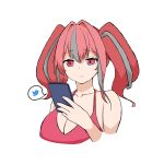  1girl :| absurdres azur_lane bangs bare_shoulders bikini bikini_top breasts bremerton_(azur_lane) cellphone cleavage closed_mouth collarbone eyebrows_visible_through_hair hair_between_eyes halterneck highres holding holding_phone large_breasts looking_at_phone multicolored_hair phone pink_bikini pink_eyes pink_hair shuri_(zenraha) smartphone streaked_hair swimsuit twintails twitter_logo upper_body 