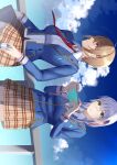  2girls absurdres ahoge blue_sky brown_hair can cloud cloudy_sky commentary_request glasses green_eyes grey_hair heaven_burns_red highres izumi_yuki_(heaven_burns_red) kayamori_ruka multiple_girls necktie negino_yurine red_eyes school_uniform sky 