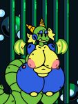  2020 3:4 anthro areola belly big_breasts black_eyes blue_body breasts capcom curvy_figure digital_drawing_(artwork) digital_media_(artwork) dragon equid equine female frill_(anatomy) green_body half-closed_eyes hands_behind_back head_crest head_frill horse iron_bars long_tail machine mammal mechanical_dragon megaman_(classic) megaman_(series) membrane_(anatomy) membranous_wings narrowed_eyes navel nipples nsfw_blueberryyy nude orb robot shy slightly_chubby smile solo standing thick_thighs video_games wide_hips wings yellow_body 
