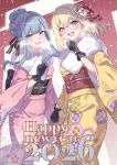  2026 2girls :d alternate_hairstyle arm_at_side back_bow bang_dream! bang_dream!_it's_mygo!!!!! bare_tree black_bow black_gloves black_ribbon blonde_hair blunt_bangs bow braid breath commentary_request crossed_bangs day earrings feet_out_of_frame floral_print flower fur-trimmed_kimono fur_trim furisode gloves grey_hair hair_between_eyes hair_bun hair_flower hair_ornament hand_up happy_new_year highres houji_tea_latte japanese_clothes jewelry kimono long_sleeves looking_at_viewer medium_hair misumi_uika multiple_girls obi obijime open_mouth outdoors pink_kimono print_kimono purple_eyes red_flower ribbon sakuramon sash short_hair_with_long_locks side_braid sidelocks single_hair_bun smile snowing standing striped_ribbon teeth togawa_sakiko torii tree upper_teeth_only white_flower wide_sleeves winter yellow_eyes yellow_kimono 