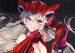  1girl ahoge bare_shoulders blood breasts cleavage commentary_request elbow_gloves eyebrows_visible_through_hair gloves grin gun hair_between_eyes highres injury lavender_hair long_hair low_twintails purple_eyes senki_zesshou_symphogear shadow smile solo twintails upper_body weapon yongheng_zhi_wu yukine_chris 