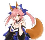  1girl animal_ear_fluff animal_ears blue_bow blue_kimono bow detached_sleeves fate/extra fate/extra_ccc fate_(series) fox_ears fox_girl fox_shadow_puppet fox_tail hair_bow japanese_clothes kimono merokonbu0 obi one_eye_closed pink_hair sash simple_background solo tail tamamo_(fate)_(all) tamamo_no_mae_(fate) upper_body white_background wide_sleeves yellow_eyes 