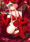  1girl alluring_chief_warden_look bangs bare_shoulders black_panties boots bra breasts chain cleavage collarbone dated detached_collar elbow_gloves fate/grand_order fate_(series) gloves hair_bun hat high_heel_boots high_heels highres knee_up long_hair looking_at_viewer medb_(fate)_(all) medb_(fate/grand_order) medium_breasts panties peaked_cap petals pink_hair red_bra red_footwear red_gloves red_headwear red_skirt revision riding_crop sidelocks signature sitting skirt smile thigh_boots thighhighs tiara underwear yellow_eyes yipaint 