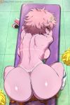  1girl ashido_mina ass back backboob bikini bikini_bottom bikini_tan black_sclera boku_no_hero_academia breasts eyebrows_visible_through_hair eyes_visible_through_hair from_above from_behind indoors krabby_(artist) large_breasts looking_at_viewer medium_hair patreon_logo pink_hair pom_poms purple_skin seductive_smile shiny shiny_skin shoulder_blades sideways_glance smile socks solo swimsuit tan tanline thong_bikini tongue tongue_out top-down_bottom-up topless watermark web_address yellow_eyes 