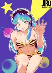  1girl animal_print aqua_hair arm_behind_back artist_logo bikini blue_background breasts collarbone commentary_request cone_horns dated eyelashes highres horns jirohhb logo long_hair looking_at_viewer lum navel orange_eyes pointy_ears print_bikini sidelocks solo star_(symbol) swimsuit tiger_print urusei_yatsura 